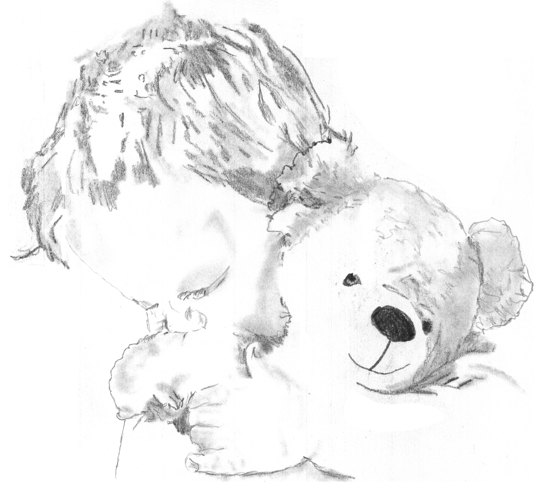 Soft pencil drawing of a small child resting against a teddy bear