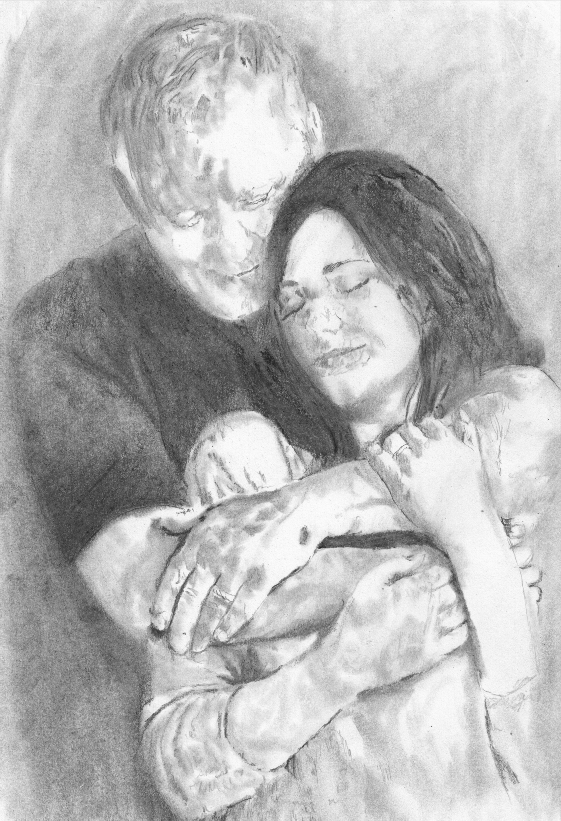 Charcoal drawing of a father embracing his daughter, both with their eyes closed