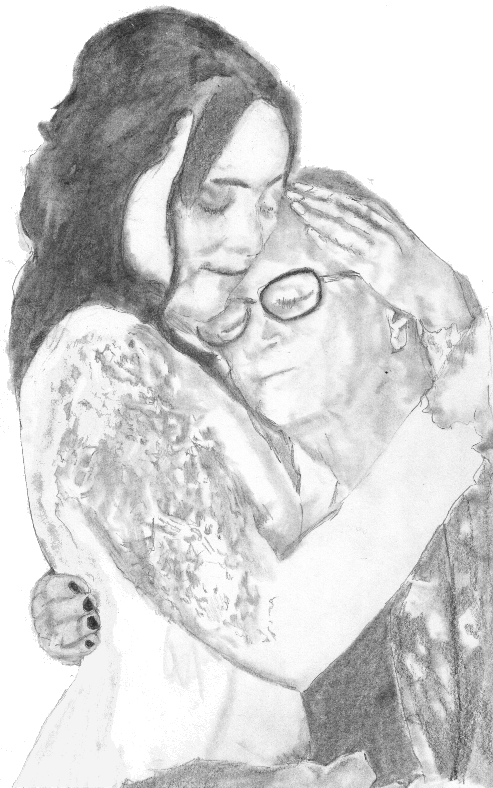 Pencil drawing of a young woman embracing an older, bespectacled man