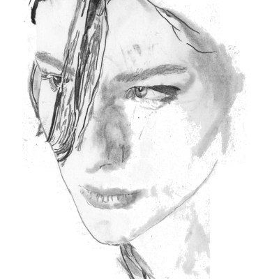 Monochrome charcoal portrait of a pensive young person with tousled hair, one eye partly obscured, and a soft, introspective expression.